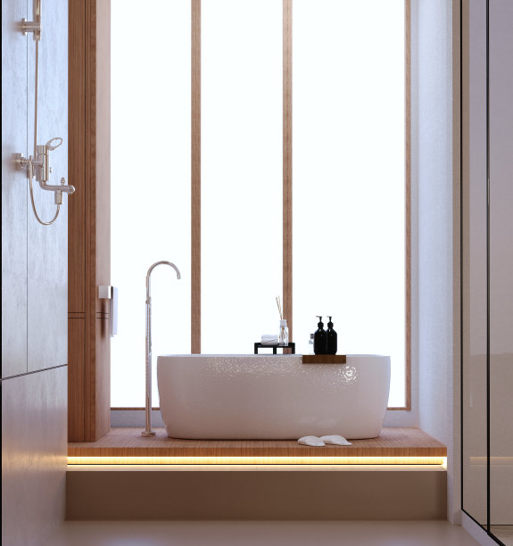 3d渲染，3d插图，室内场景和模型，现代风格的高天花板浴室，抛光米色石浴缸，阶梯式地板装饰温暖的白色灯。图片下载