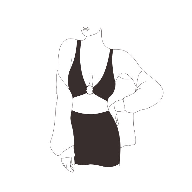抽象的女性身体轮廓。当代极简主义女性形象呈线性风格。优雅的女孩穿着黑色上衣和裙子。矢量轮廓插图的标志，印刷，卡片，海报图片下载