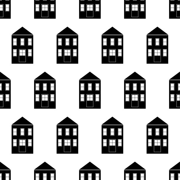 无缝图案与房子。黑色图标房子在白色背景。房子的模式。平面设计的剪影建筑。设计网站，印刷面料，墙纸，包装纸。矢量图图片下载