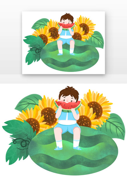 卡通手绘儿童吃西瓜图片下载