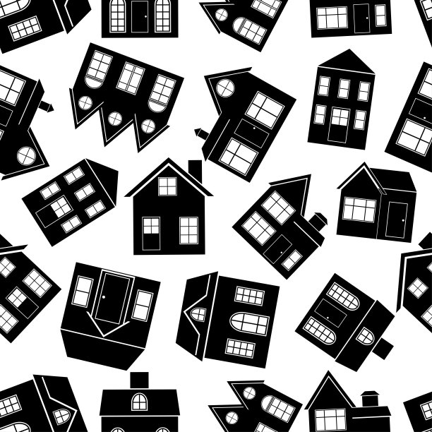 无缝图案与房子。黑色图标房子在白色背景。房子的模式。剪影建筑的集合。平面设计，适用于织物、墙纸、包装纸的印刷。矢量图图片下载