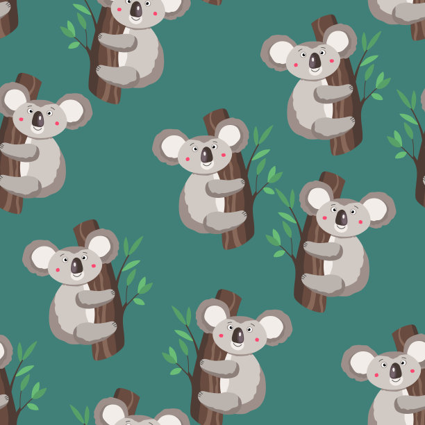 无缝图案与可爱的考拉宝宝彩色背景。有趣的澳大利亚动物。卡片，给孩子们的明信片。平面矢量插图织物，纺织品，墙纸，海报，纸张图片下载