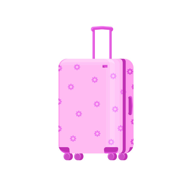 粉色行李箱的女孩旅行在平面矢量卡通风格。飞机旅游案例。旅行袋与花车轮。粉红色的手提箱。图片下载