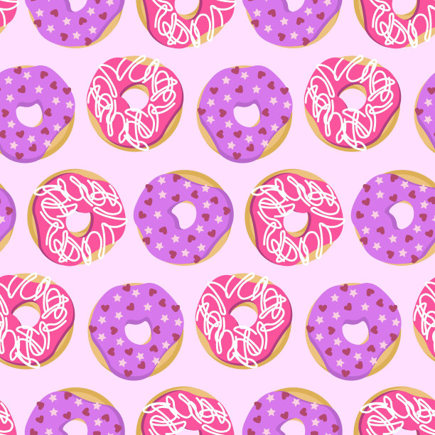 图案与甜甜甜圈。矢量插图在彩色背景。图片下载