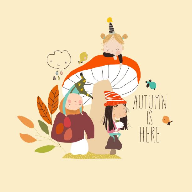 可爱的卡通孩子们在大蘑菇上享受秋天图片下载