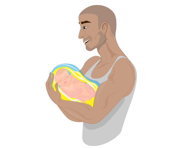 一个幸福的父亲带着孩子的插画。快乐的爸爸抱着刚出生的宝宝。他的眼里含着幸福的泪水。祝您父亲节快乐。乌克兰的父亲。图片下载