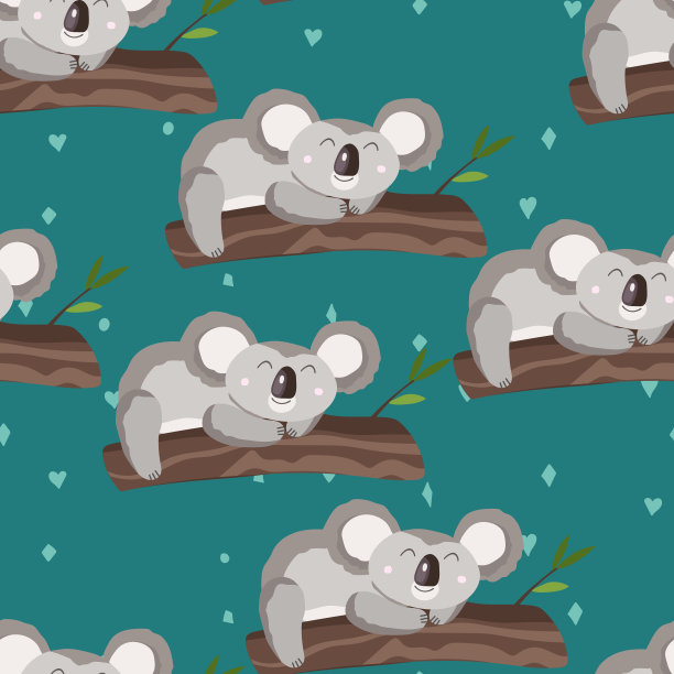 无缝图案与可爱的考拉宝宝彩色背景。有趣的澳大利亚动物。卡片，给孩子们的明信片。平面矢量插图织物，纺织品，墙纸，海报，纸张图片下载