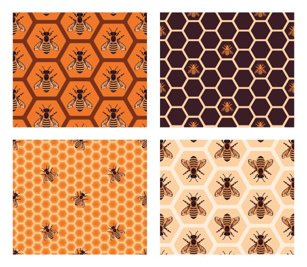 向量蜜蜂模式集。采集蜜蜂和蜂巢背景。无缝图案与皇家蜜蜂。六边形几何墙纸。图片下载