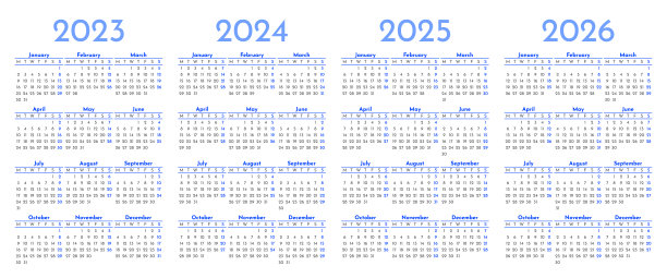 2023年，2024年，2025年，2026年的月历模板图片下载