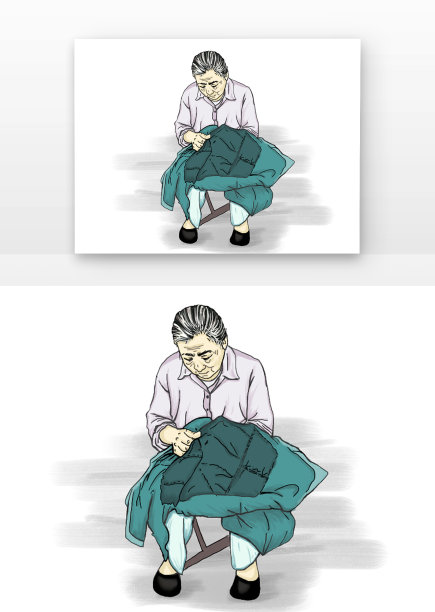 蓝色清新母亲缝衣服图片下载