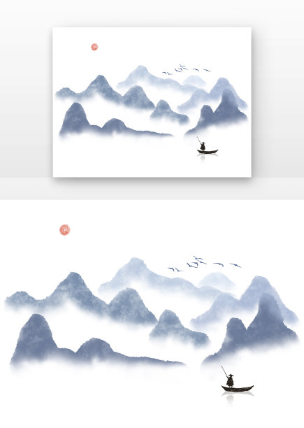 水墨山水划船的人打鱼图片下载