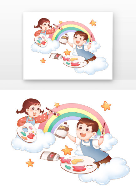 男孩女孩画梦幻彩虹图片下载
