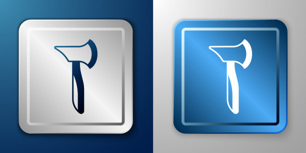 白色木制斧头图标孤立在蓝色和灰色上图片下载