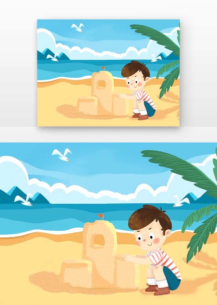 可爱的男孩在沙滩上玩沙子图片下载