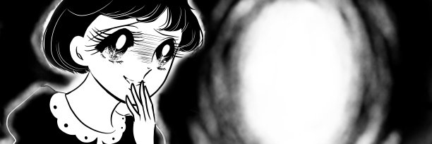 恐怖的黑白插图，一个美丽的黑头发女孩从70年代的手画受到惊吓。图片下载