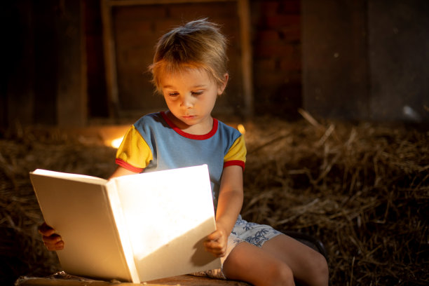 神奇的金发小男孩，在一个神秘舒适的充满光线的房间里读书图片下载