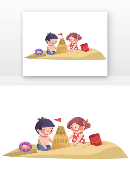 夏天儿童在沙滩上堆城堡图片下载