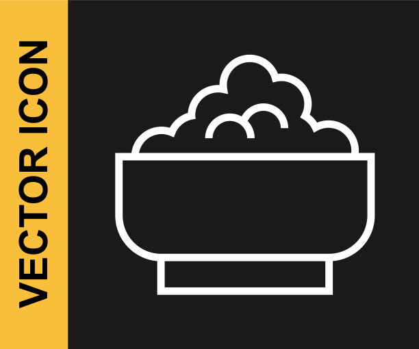 白线大米在碗上的图标孤立在黑色上图片下载