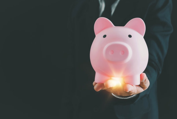 商人手里拿着一个粉红色的储蓄罐，放了一枚硬币在里面。节能省钱的理念。储蓄或投资的想法，存钱或储蓄、投资的概念。图片下载