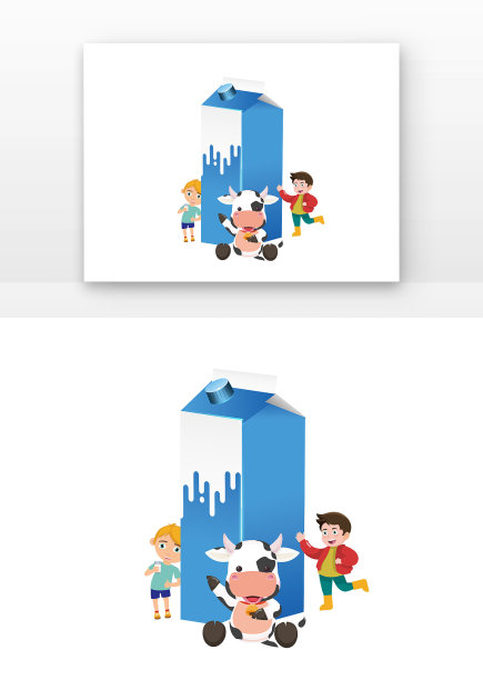 儿童们和奶牛及牛奶盒创意结合图片下载