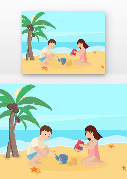 儿童在海边沙滩上玩沙子图片下载