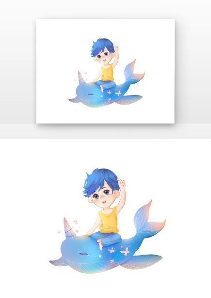 卡通儿童坐在鲸鱼上飞行图片下载