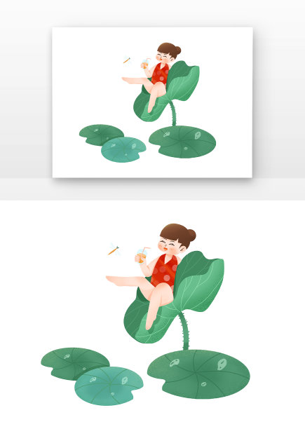 夏日卡通女孩坐在荷叶上图片下载