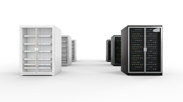现代服务器机架。服务器机架的形象。孤立在白色背景。三维渲染图片下载