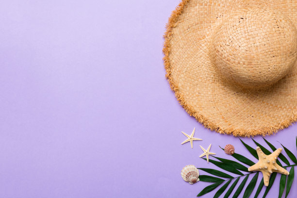 暑假。夏天的概念与草帽和热带树叶。平铺，俯视图，拷贝空间图片下载