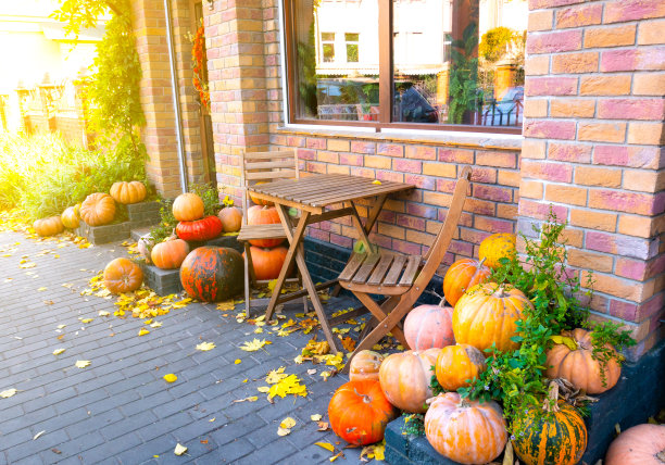 咖啡馆附近的户外装饰着万圣节的南瓜。美丽的秋季装饰与浪漫的木制桌椅。图片下载