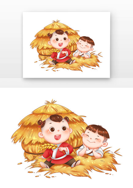 芒种节气节令中国风儿童们在草堆图片下载