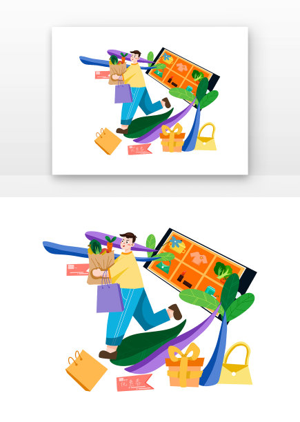 男孩和手机购物节人与购物车图片下载