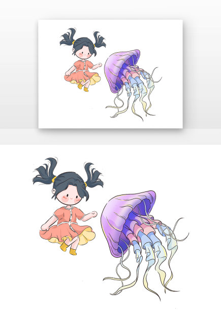 紫色卡通Q版海洋儿童与生物元素图片下载