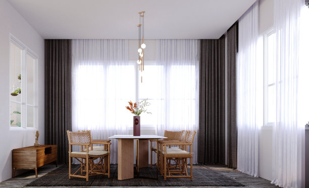 3d渲染，3d插画，室内场景和模型，热带极简风格餐厅，手工制作的藤椅。图片下载