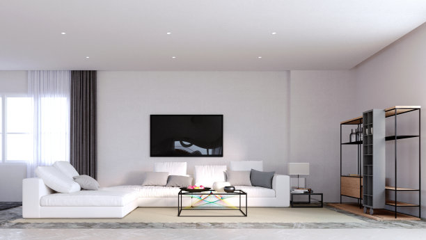 3d渲染，3d插图，室内场景和模型，现代客厅的特点是一个黑色的铝中心桌子，七条颜色反射线。图片下载