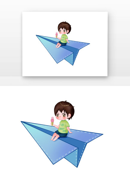 男孩坐纸飞机飞行图片下载