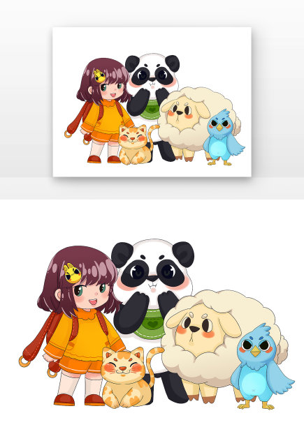 儿童与卡通动物女孩熊猫图片下载