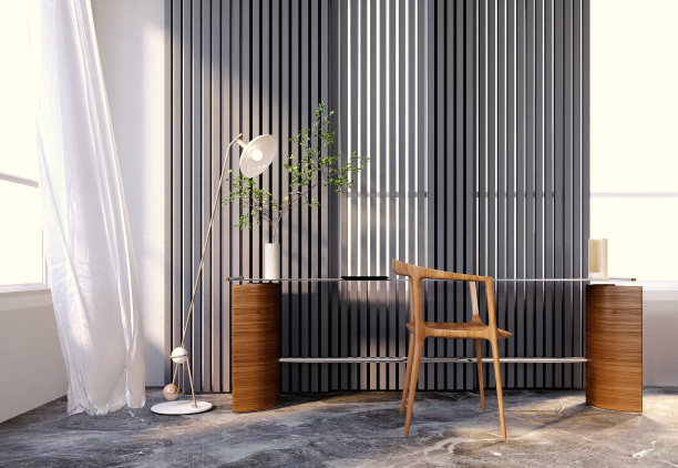 3d渲染，3d插图，室内场景和模型，现代风格的办公室角落热带色调黑白灰色。图片下载