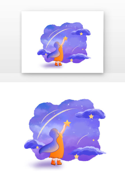 原创手绘梦幻女孩天空元素图片下载