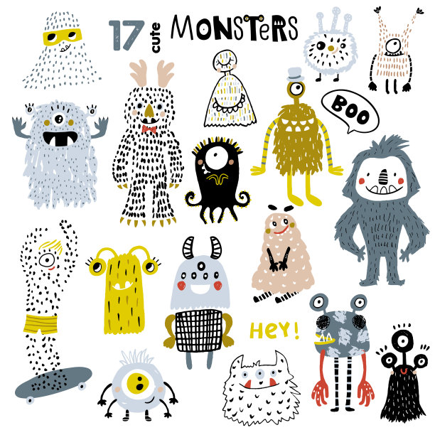 一组巨大的有趣的手绘怪物图片下载