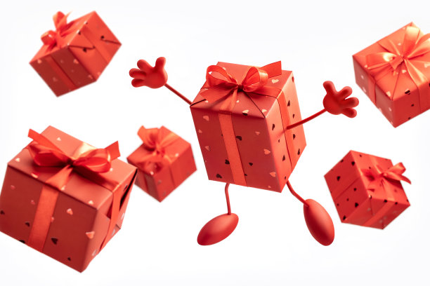 礼物在飞扬的盒子里，用红礼纸裹着蝴蝶结，孤立无间。节日和贺卡的概念。图片下载