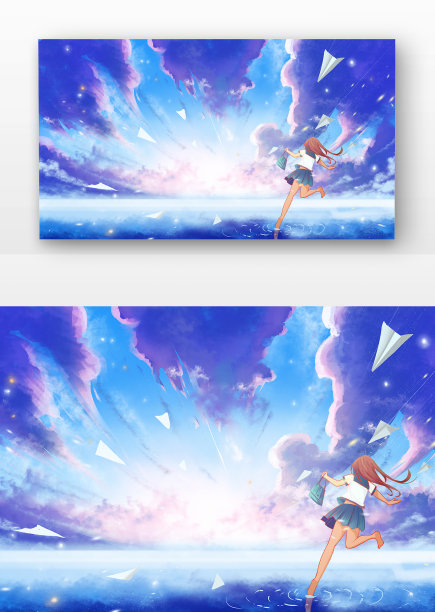 唯美天空与奔跑少女海洋插画图片下载