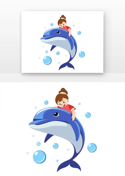 女孩趴在海豚身上插画元素图片下载