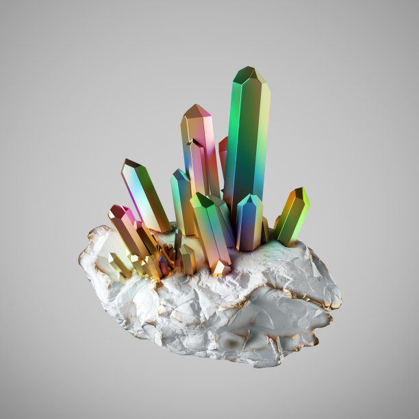 3d渲染，彩色的彩虹色和黄金晶体生长在白色岩石，白垩石，神奇的金块神秘的对象孤立在白色背景图片下载