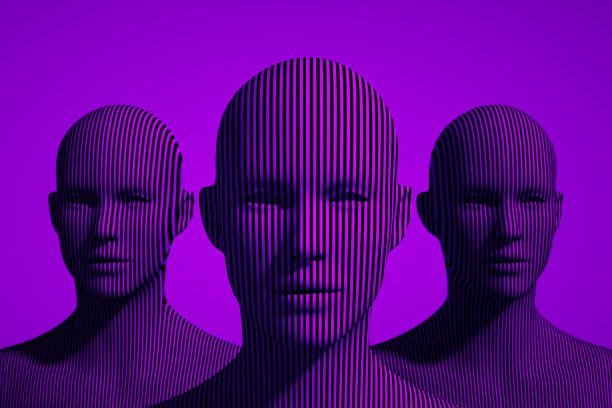 3D分层条纹形状的半机械人头部图片下载