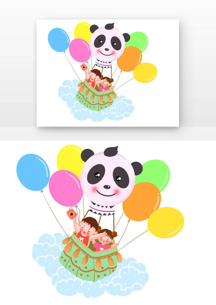 卡通儿童六一坐熊猫热气球图片下载