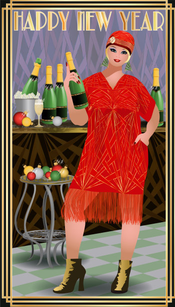 贺岁卡在艺术装饰风格flapper XXL女孩图片下载