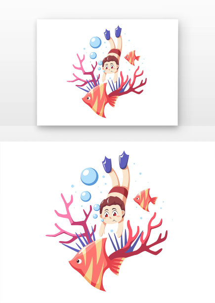 男孩和鱼一起玩耍插画元素图片下载