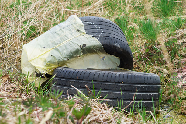 树林中的汽车轮胎与草地上的垃圾：工业环境污染图片下载