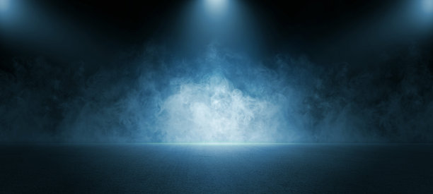 黑暗的舞台展示、空旷的深蓝色场景背景、霓虹灯、聚光灯。沥青地板和烟雾弥漫的工作室空间漂浮着展示产品的内部纹理。图片下载